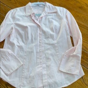 Kenar button up top, large, pink and white stripe.  Long sleeves.